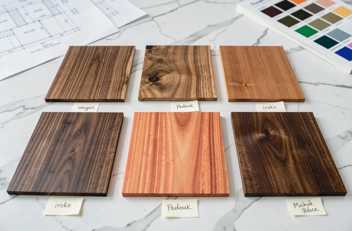 Échantillons de bois exotiques variés wengé iroko padouk et acajou sur surface marbre pour sélection de meuble