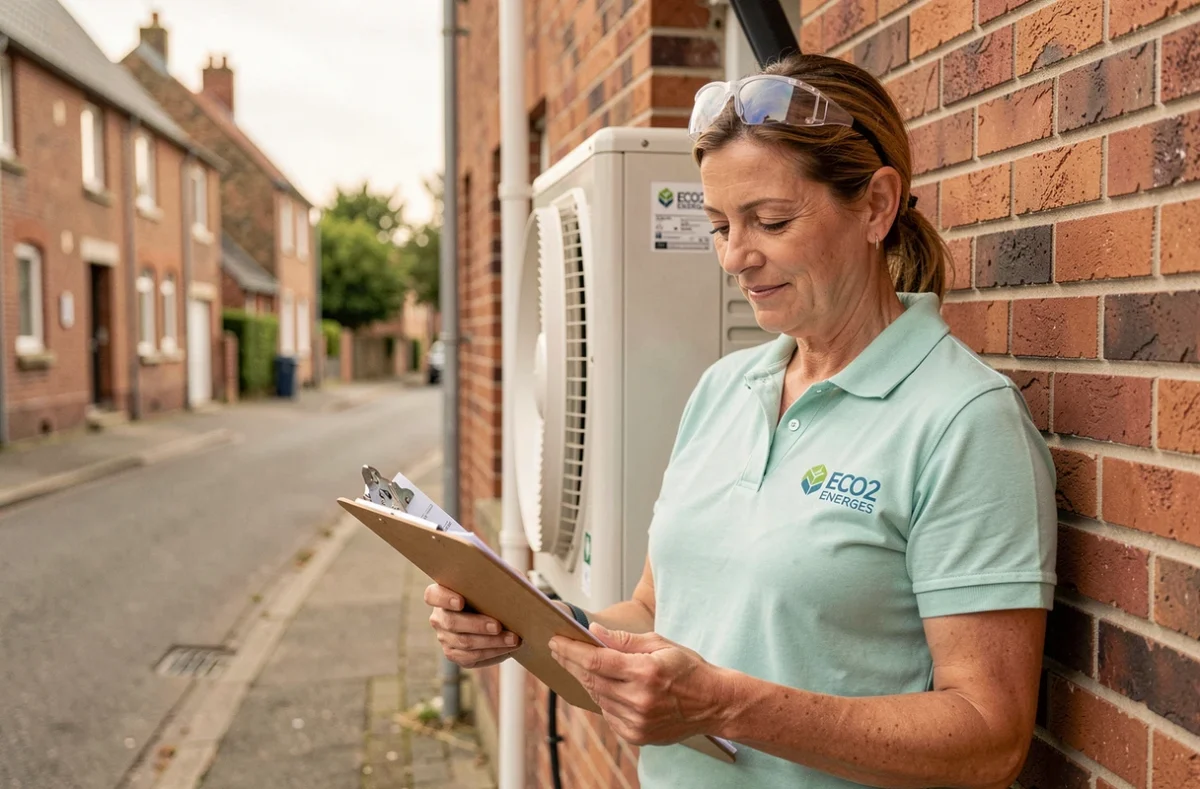 Conseillère ECO2 ENERGIES vérifiant les plans d'installation d'une climatisation sur une maison en brique rouge dans le Pas-de-Calais