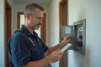 Électricien inspectant un tableau électrique moderne dans un appartement