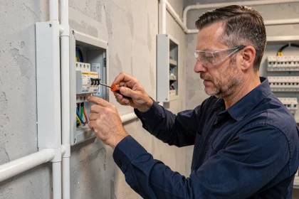 Électricien installant une goulotte PVC blanche sur le mur d'un tableau électrique résidentiel