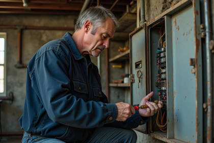 Électricien d'âge moyen examinant un vieux panneau électrique dans un sous-sol