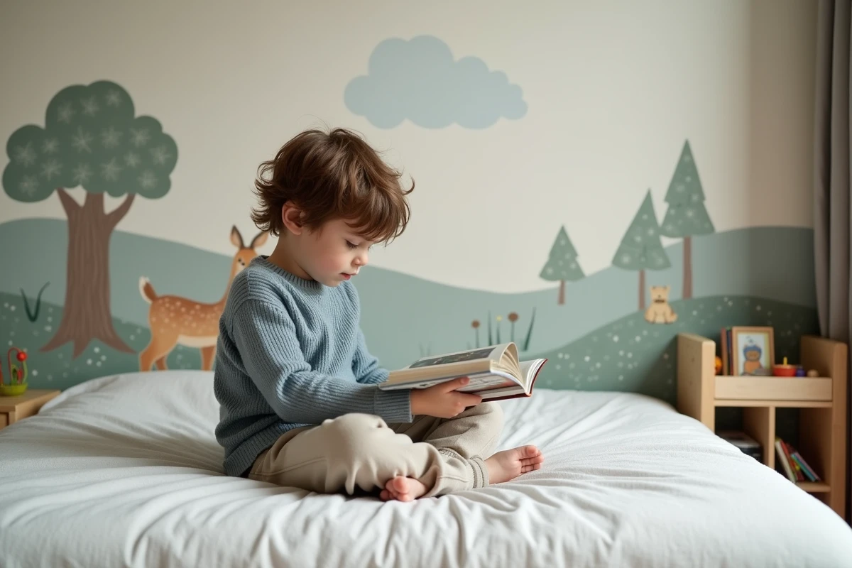 Enfant lisant dans une chambre décorée d'une fresque murale évolutive en forêt, avec mobilier Montessori en bois