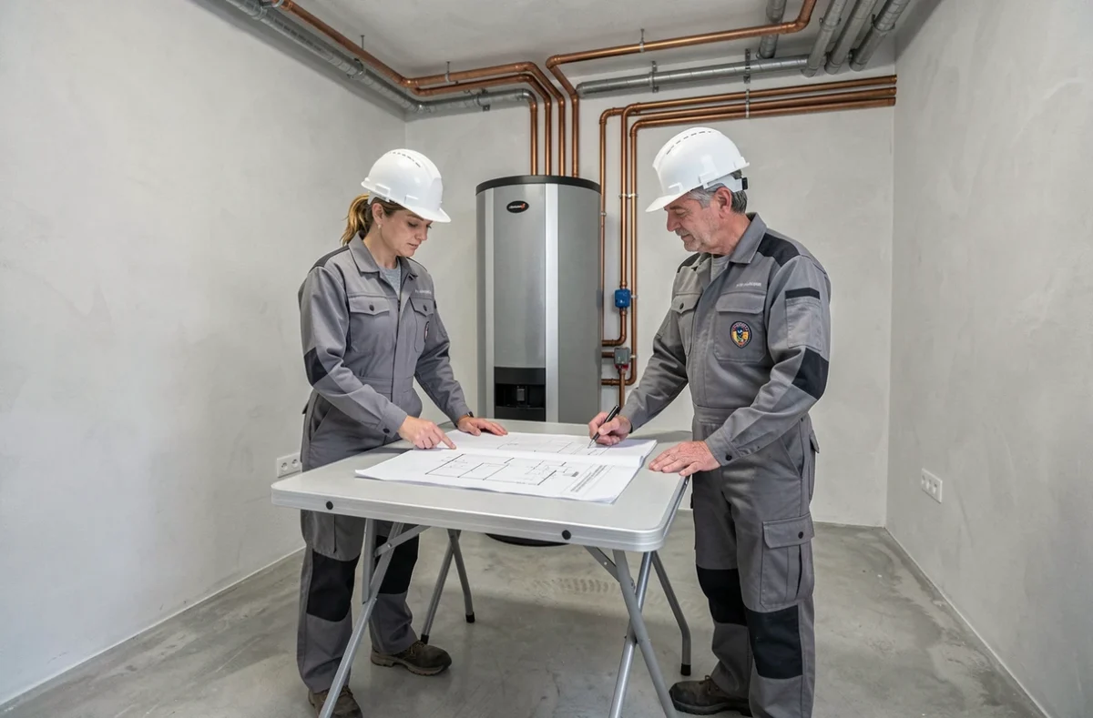 Équipe de professionnels installateurs de pompe à chaleur étudiant les plans dans une salle technique d'une maison neuve en Centre-Val de Loire