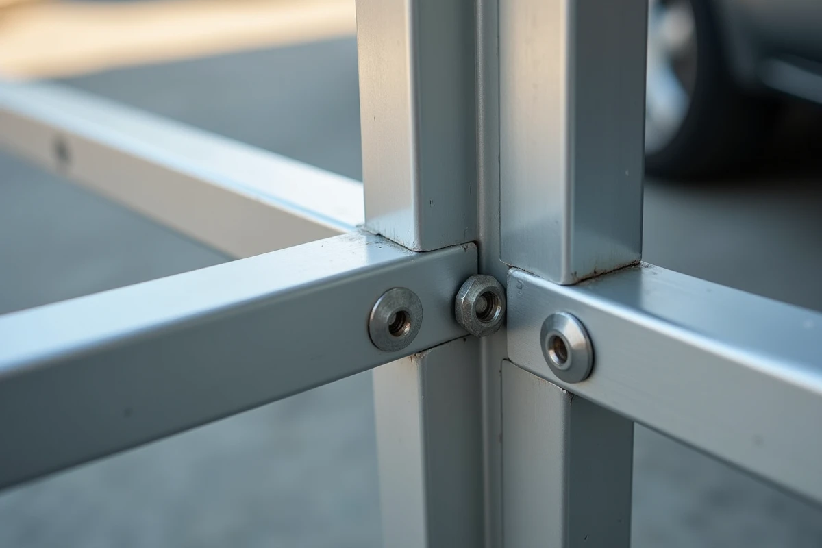 Mauvais assemblage de tubes en aluminium sur une structure de carport avec boulon mal serré