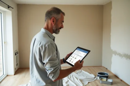 Homme consultant une estimation de prix de peinture sur tablette numérique dans un salon en cours de rénovation
