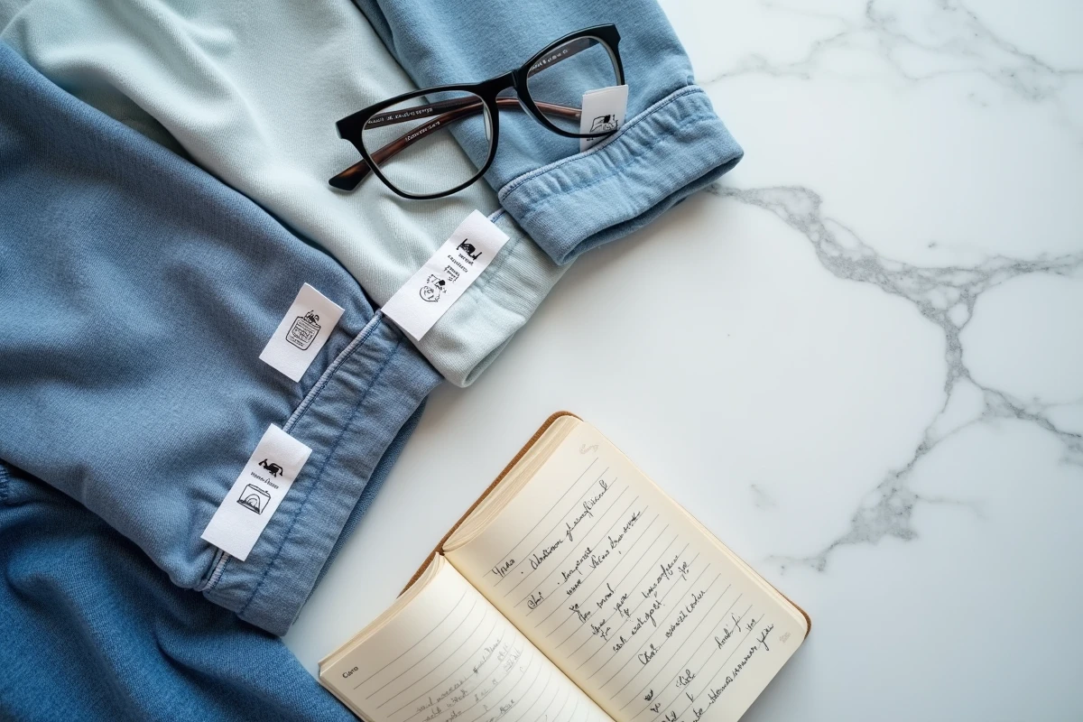 Vue aérienne d'étiquettes de vêtements avec symboles de lavage et séchage sur un comptoir en marbre blanc