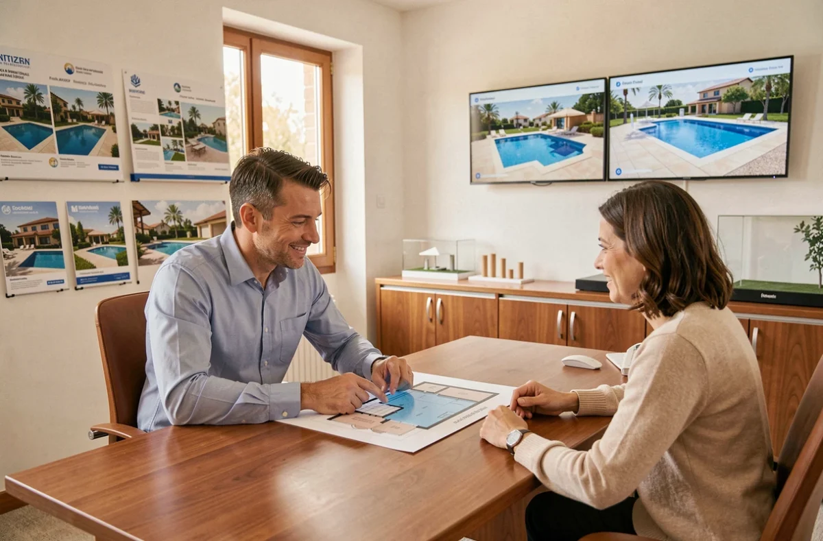 Conseiller commercial présentant un projet de piscine sur tablette à un couple dans un bureau showroom de concessionnaire en Occitanie