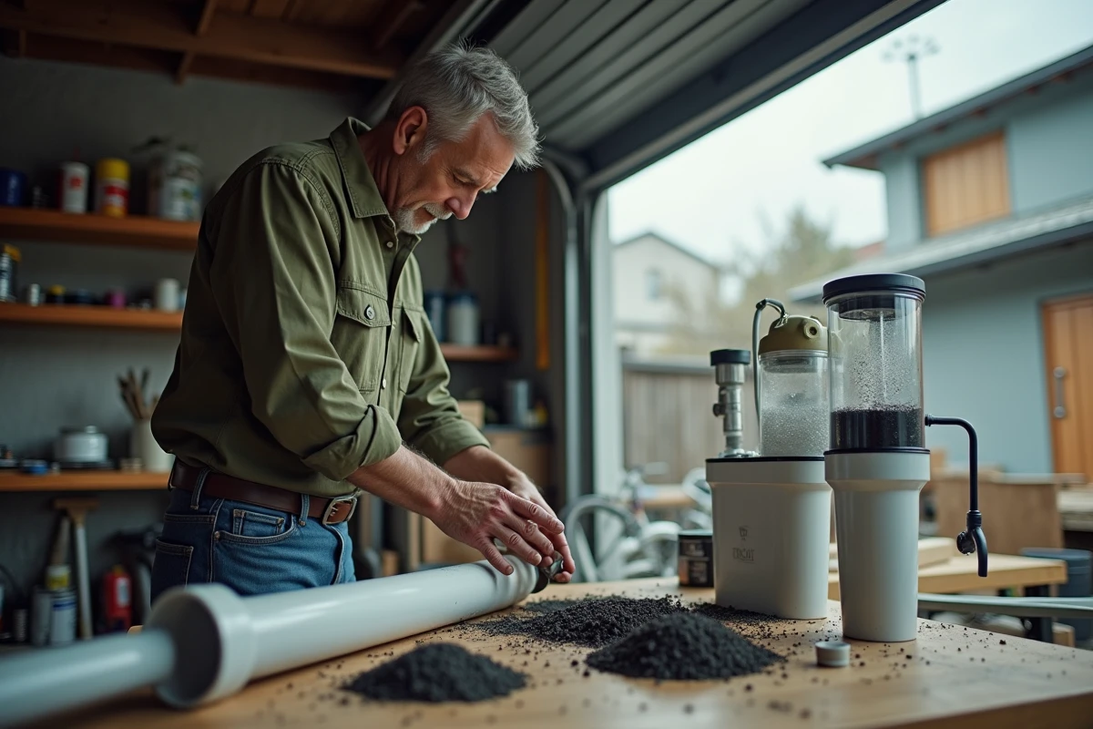 Homme assemblant un système de filtration d'eau de pluie artisanal avec tuyaux PVC et charbon actif dans un garage domestique