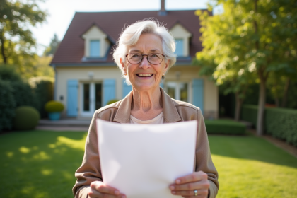 Femme agee souriante avec documents devant maison