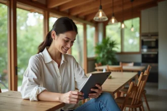 Jeune femme dans une maison écologique avec tablette