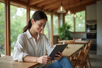 Jeune femme dans une maison &eacute;cologique avec tablette