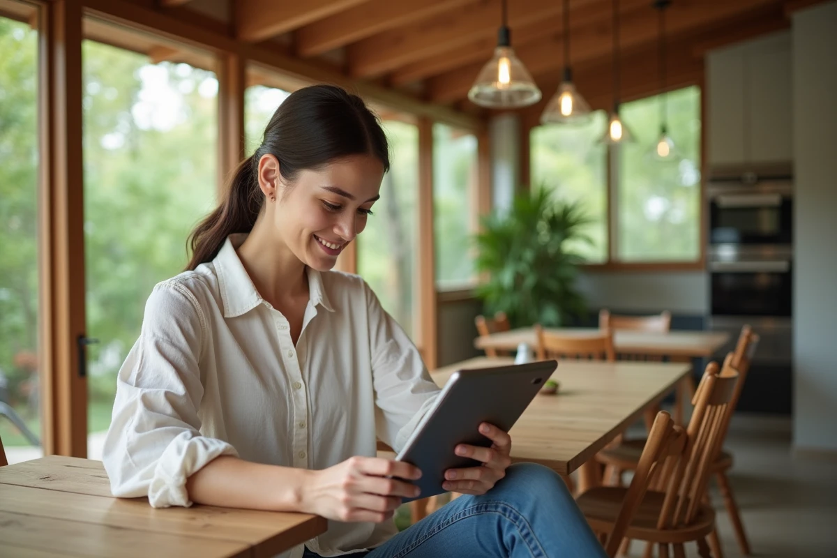 Jeune femme dans une maison écologique avec tablette
