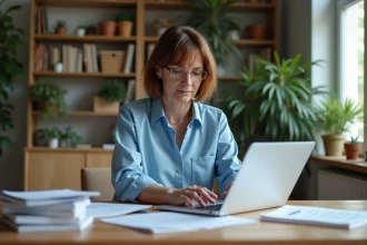 Femme d'âge moyen travaillant sur des documents immobiliers à son bureau