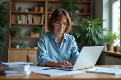 Femme d'âge moyen travaillant sur des documents immobiliers à son bureau