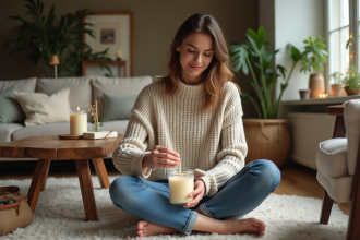Femme faisant fondre de la cire pour une bougie maison