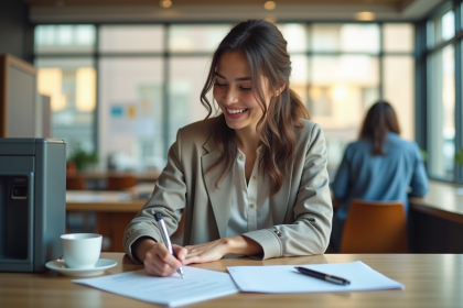 Femme souriante remplissant un formulaire de changement d'adresse au bureau de poste
