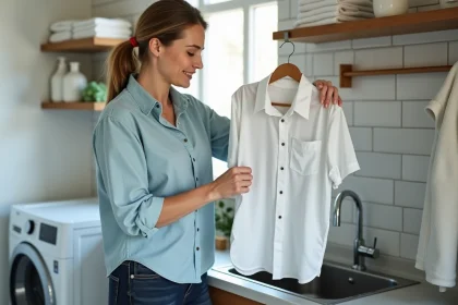 Femme examinant une chemise blanche devenue grise dans une buanderie domestique