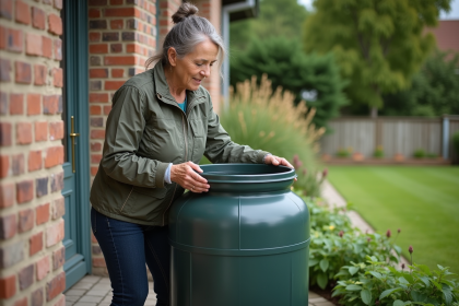 Femme positionne un grand tonneau sous la gouttière de la maison