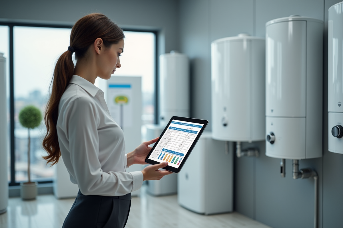 Jeune femme analysant un tableau comparatif de chauffe-eau dans un showroom