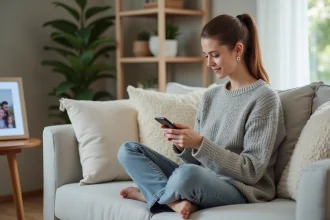 Femme configurant un cadre photo connecté depuis son smartphone dans un salon moderne aux tons neutres