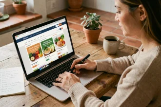 Femme consultant un site de courses en ligne Carrefour sur son ordinateur portable avec une liste d'achats manuscrite