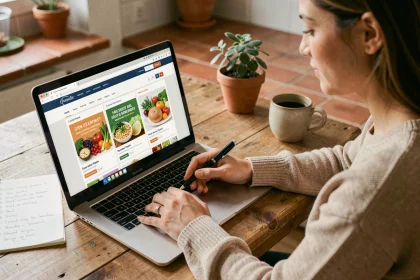 Femme consultant un site de courses en ligne Carrefour sur son ordinateur portable avec une liste d'achats manuscrite