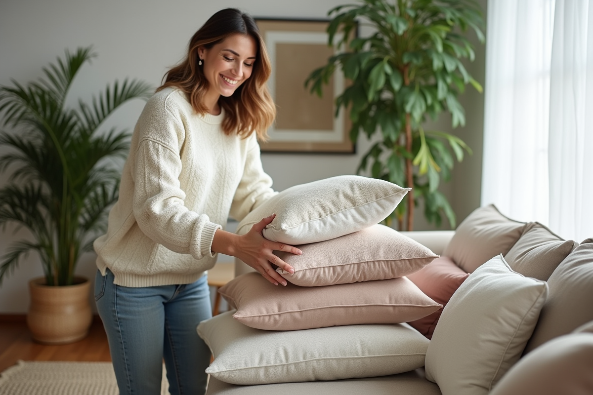 Femme souriante ajustant des coussins dans un salon moderne