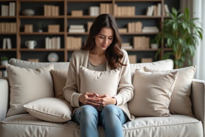 Femme détendue arrangeant des coussins dans un salon moderne