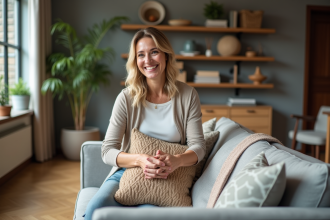 Femme arrangeant un coussin décoratif sur un canapé moderne