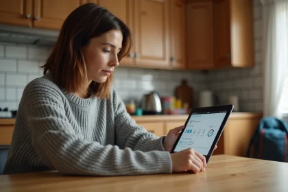 Femme consultant une application domotique Ancronix sur une tablette dans une cuisine familiale moderne