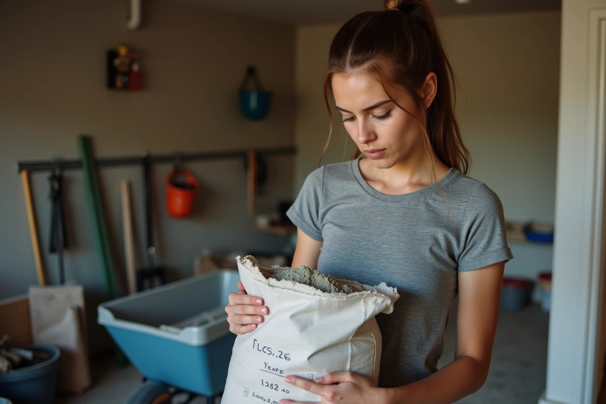 Jeune femme vérifiant des calculs avec un sac de ciment