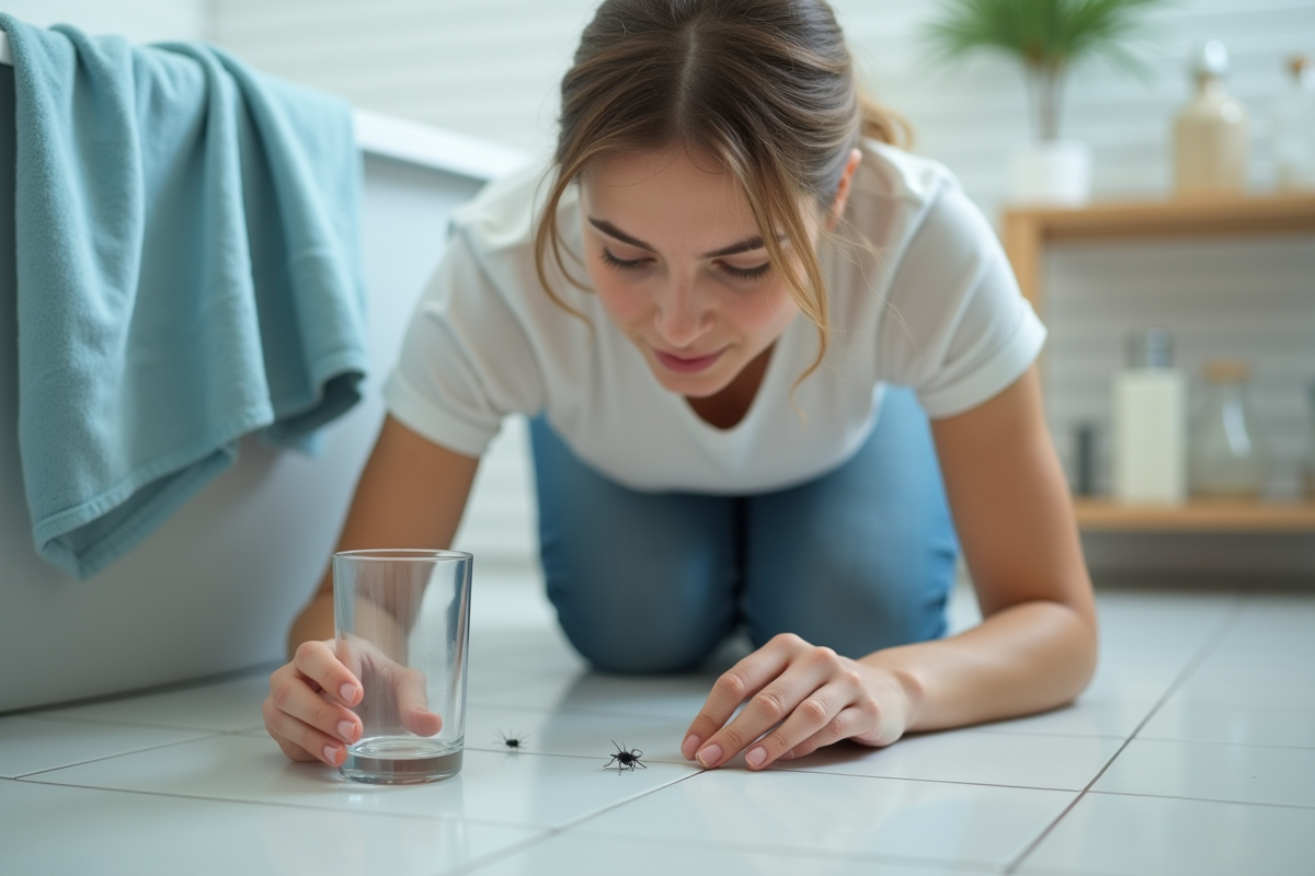 Jeune femme piège un insecte dans la salle de bain