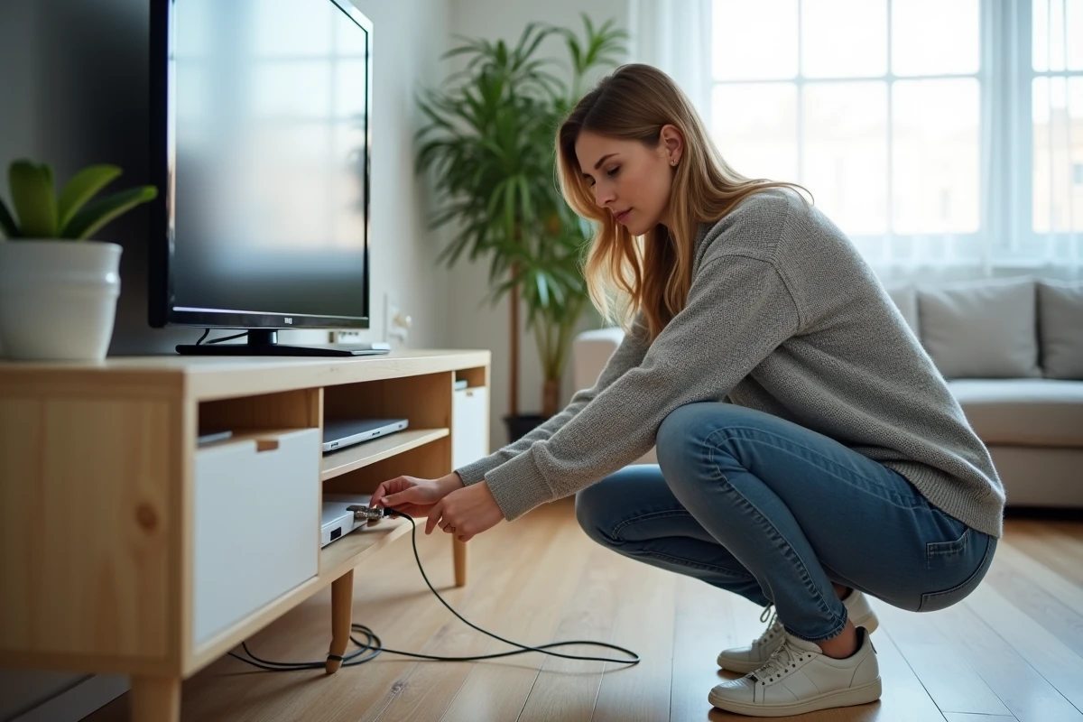 Femme installant un câble coaxial TV derrière un téléviseur avec une goulotte de câblage dans un bureau à domicile