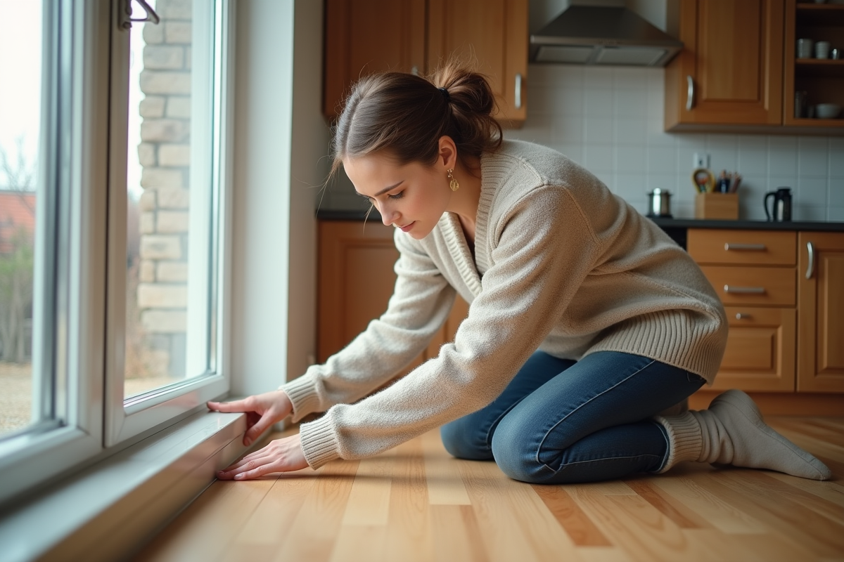 Jeune femme isolant une fenêtre avec du ruban adhésif dans la cuisine