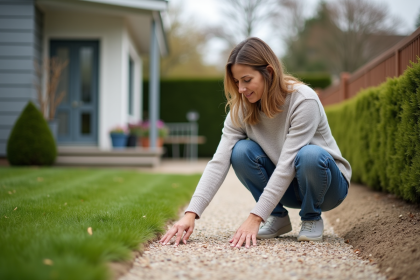 Femme en jeans dans un jardin avec gravier neuf