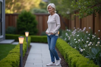 Femme dans le jardin examine des lumières extérieures colorées