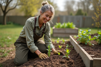Femme en permaculture plantant des jeunes légumes dans un jardin