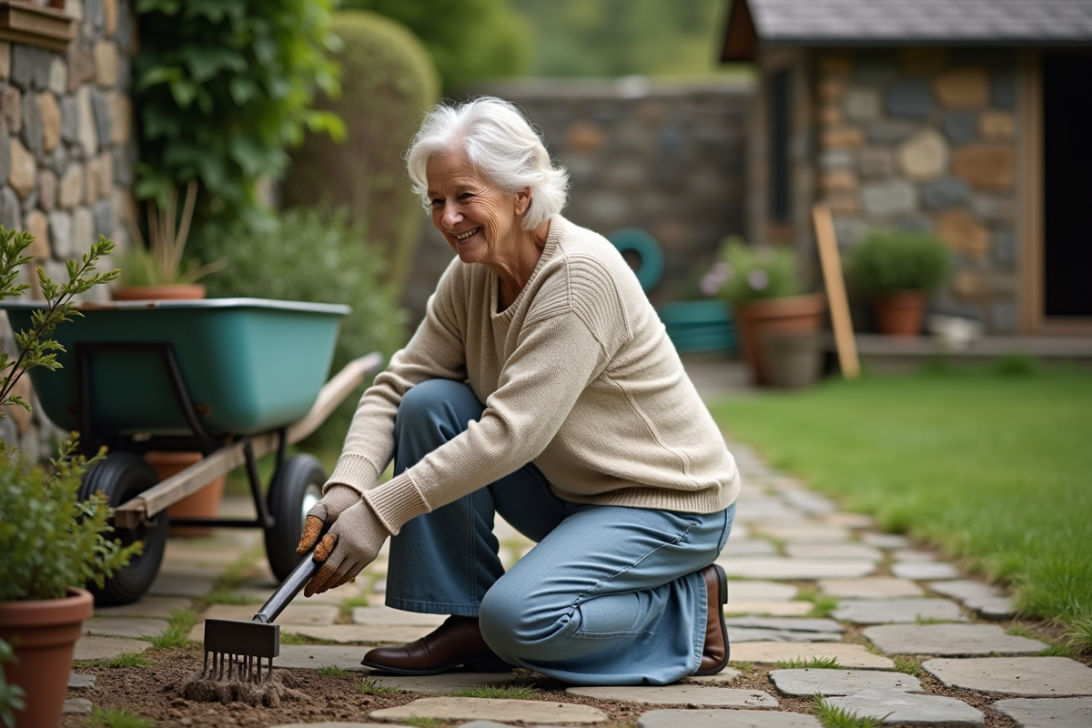 Femme senior nettoyant un râteau dans le jardin