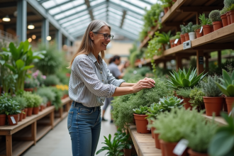 Femme souriante inspectant des succulentes dans un centre jardin