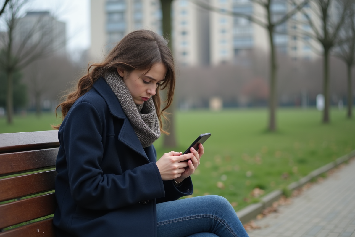 Jeune femme assise sur un banc dans un parc urbain