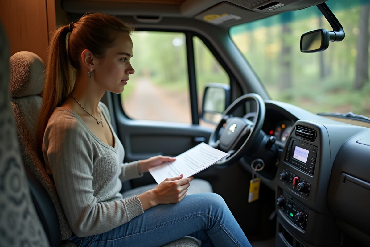 Jeune femme lisant le manuel près du panneau Truma dans un camping-car