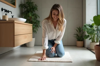 Femme examine un tapis en diatomite dans une salle de bain moderne