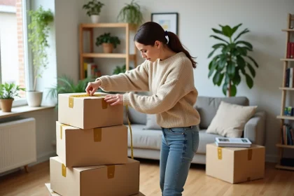 Femme mesurant des cartons de d&eacute;m&eacute;nagement dans un salon lumineux