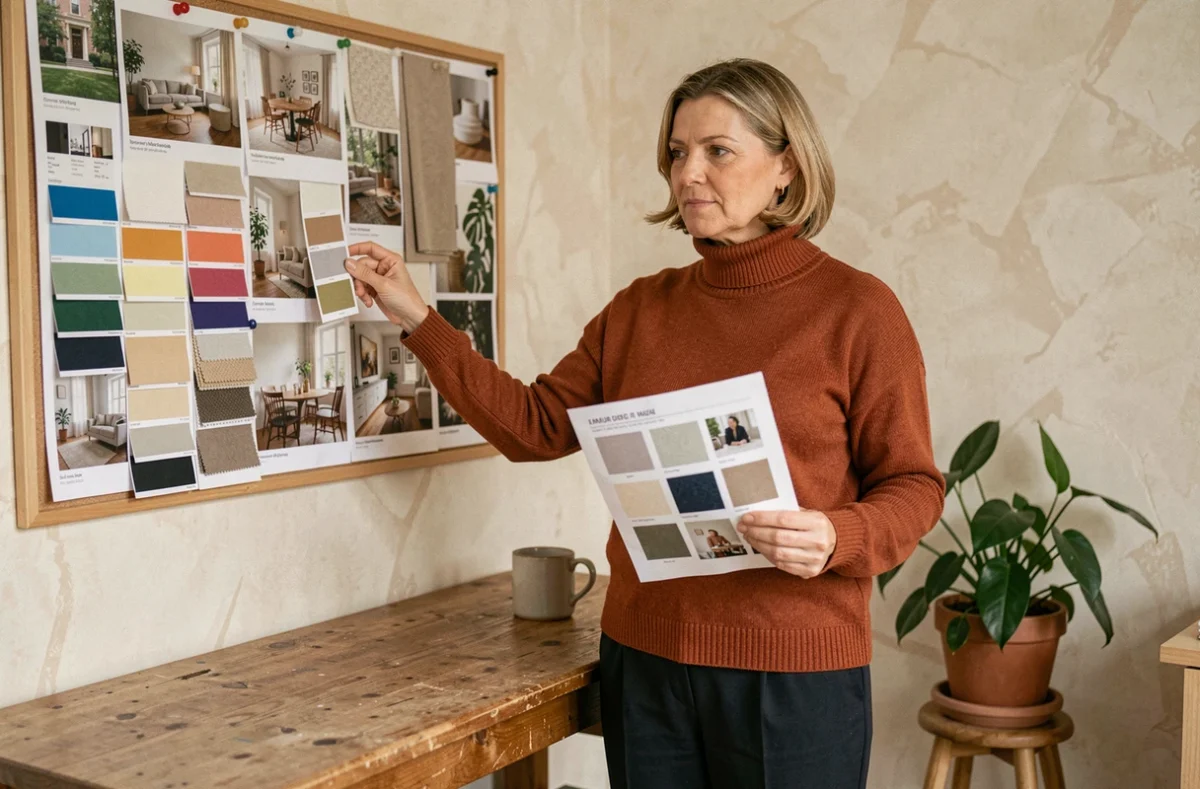 Femme organisant des échantillons de couleurs et un mood board issu d'un test de décoration en ligne dans son atelier