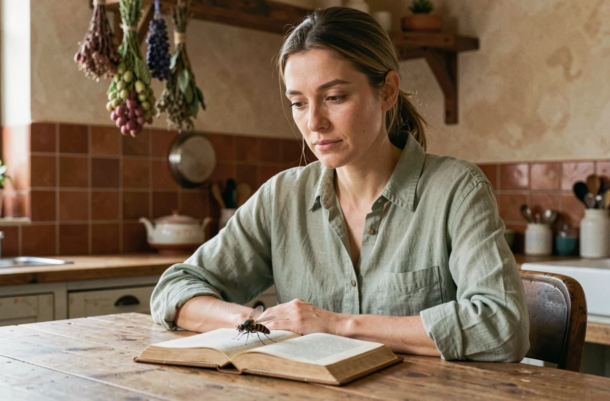 Femme contemplant une mouche posée sur un livre ouvert dans une cuisine rustique, regard serein et atmosphère introspective