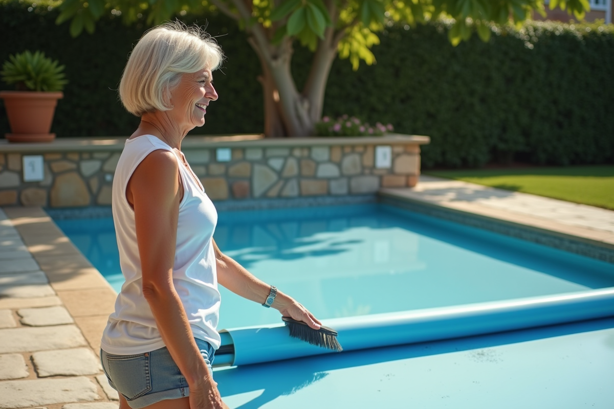 Femme souriante nettoyant la couverture automatique de la piscine