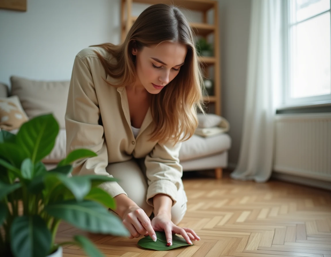 Femme observant une coccinelle sur une plante d'intérieur dans un appartement moderne, interprétation symbolique