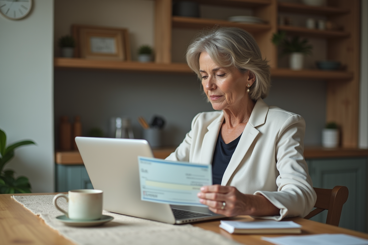 Femme d'âge moyen tenant un chèque à la maison