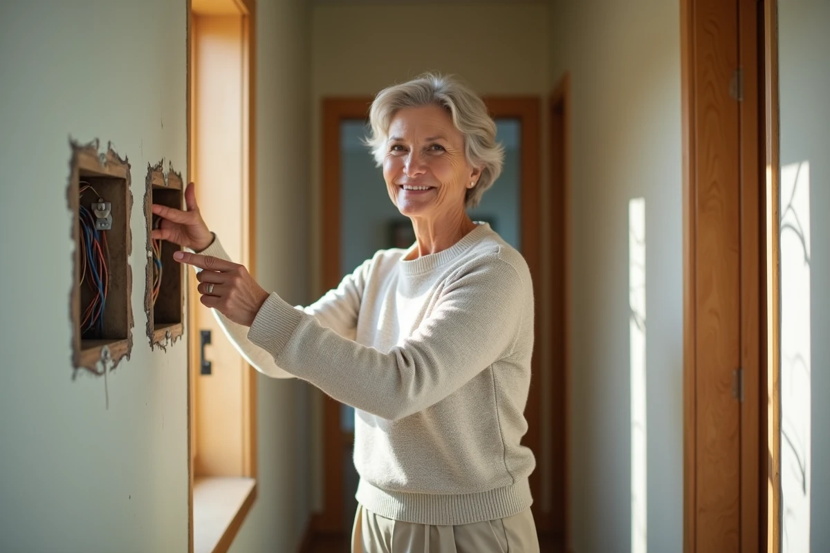 Femme souriante pointant un interrupteur dans un couloir lumineux