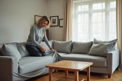 Femme installant une housse de canapé d'angle sur un vieux canapé dans un salon contemporain